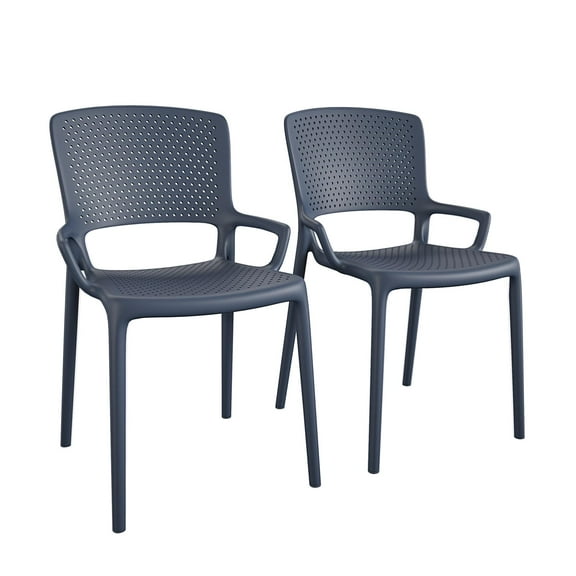 COSCO Outdoor/Indoor Stacking Resin Chair with Square Back and Arms, Navy, 2-Pack