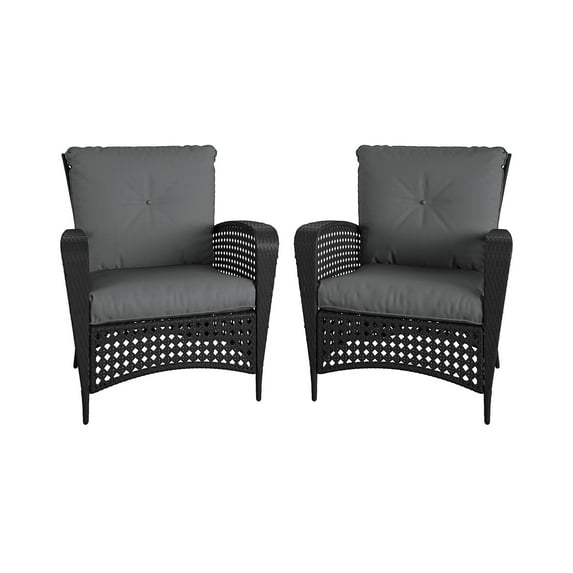 COSCO Outdoor Living Lakewood Ranch Steel Woven Wicker Lounge Chairs with Cushions, Black and Gray