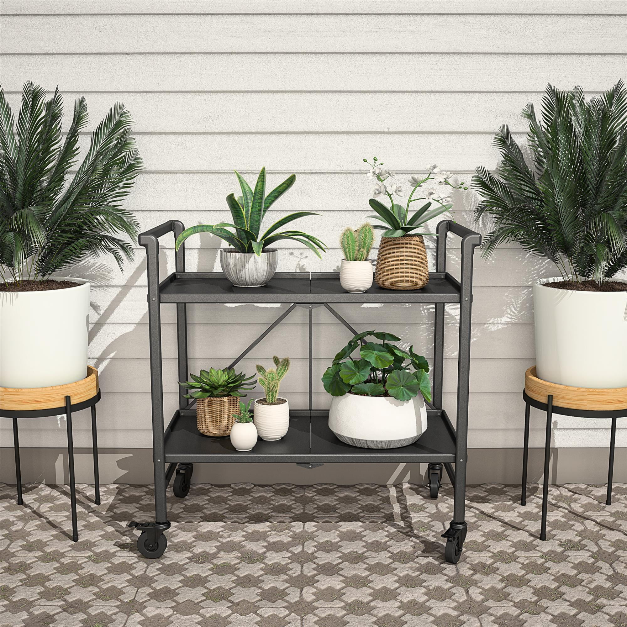 Black Steel 2-Shelf Rolling Serving Cart with Locking Wheels