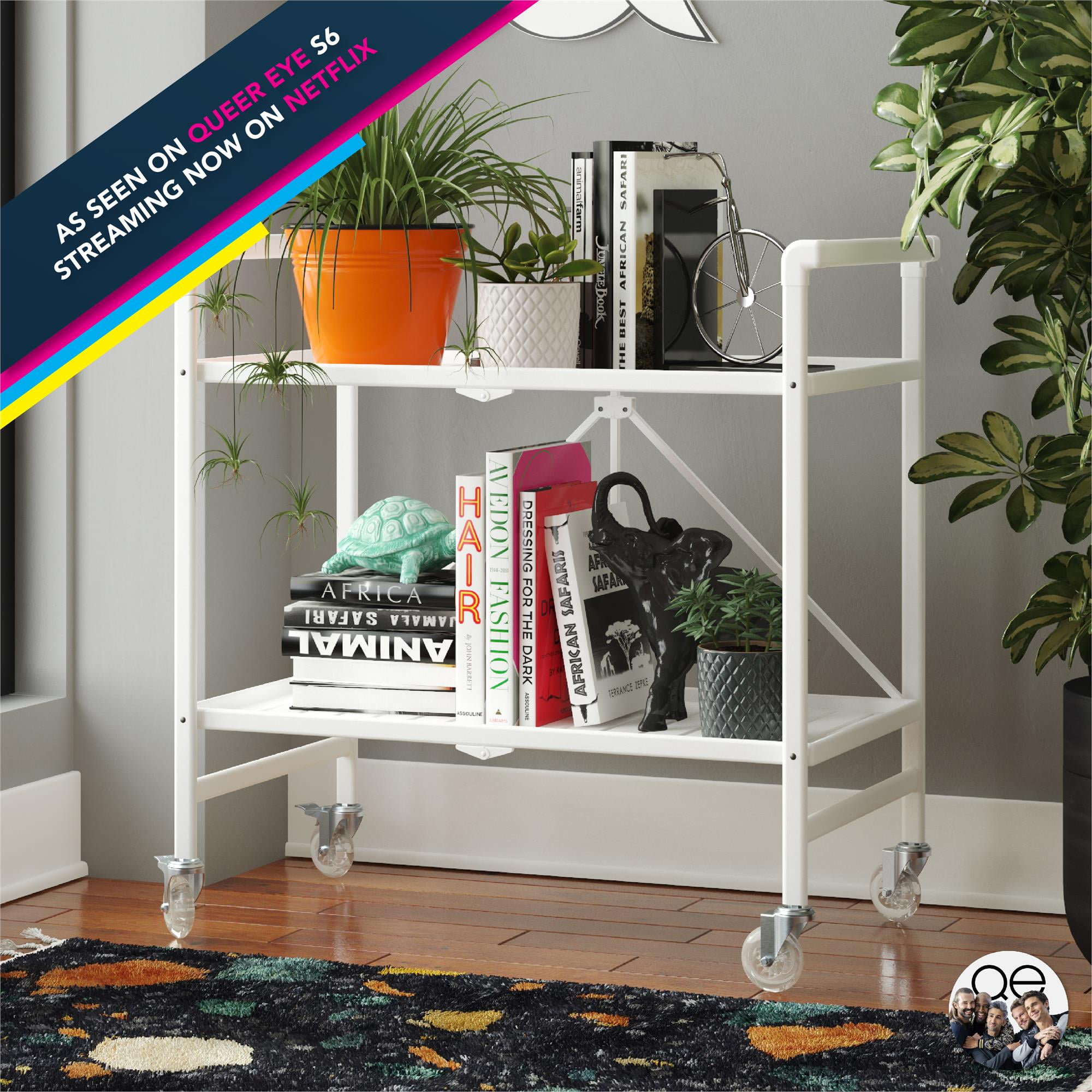 COSCO Slatted Folding Serving Cart, Indoor/Outdoor, Classic White