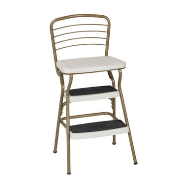 COSCO Stylaire Steel Retro Chair Step Stool with Flip-Up Vinyl Seat, Gold/Cream