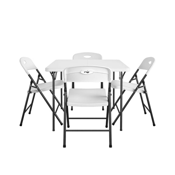 COSCO 36" Fold-in-Half Card Table with Handle and 4 Resin Folding Chairs with Seatback Handles, White
