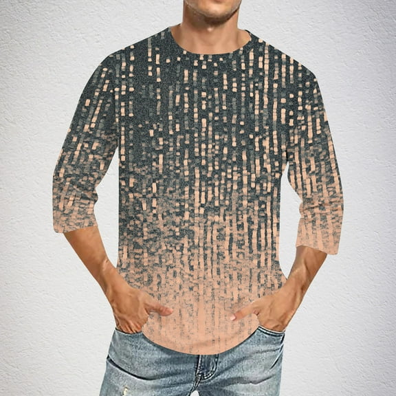 COSFO 3/4 Sleeve Mens T Shirts Casual Striped Crew Neck Bronze Tops Pullover Slim Graphic Tees