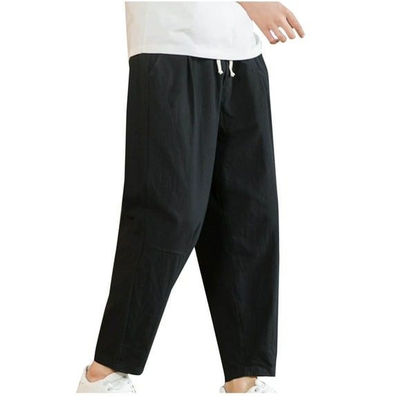 COSFO Ankle Sweatpants for Men Joggers Black Straight-Leg Athleisure Elastic Waist Drawstring Solid Pants for Men