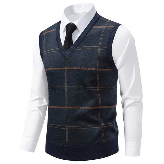 COSFO Argyle Sweater Vest Men Casual Fleece Pullover V Neck Sweater Knitwear Slim Fit Fall Sleeveless Men Tops