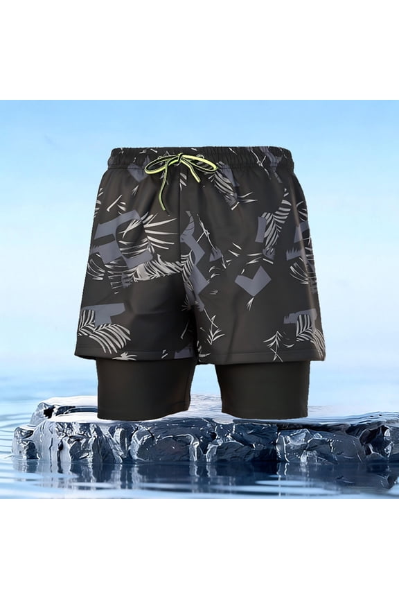 Athletic Swim Trunks Men Stretch Graphic with Compression Lining Board Shorts Elastic Waist Loose Fit Beach Quick Dry Drawstring Shorts