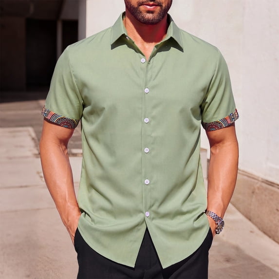 COSFO Beach Mens Button Down Shirts Short Sleeve Casual Shirt Solid Collared Summer Relaxed Fit Mens Shirts L