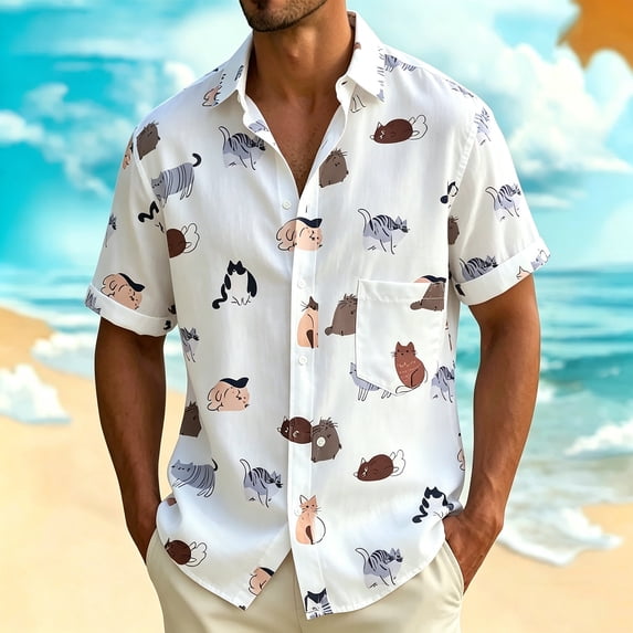 COSFO Beach Mens Button Up Shirts Short Sleeve Funny Summer Shirt Collared with Pocket Relaxed Fit Vacation Tops