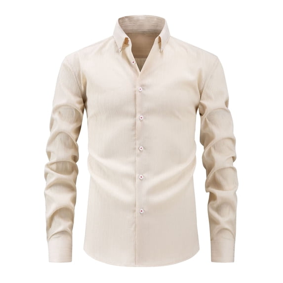 COSFO Beige Men's Button Down Shirts Business Dressy Long Sleeve Collared Basic Shirts Classic Fit Wedding Mens Shirts