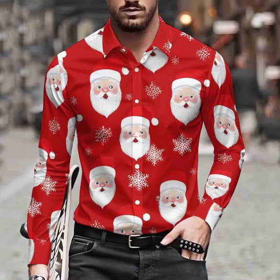 COSFO Big And Tall Button Down Shirts for Men Party Collared Christmas Long Sleeve Shirts Funny Relaxed Fit Vacation Casual Mens Shirts