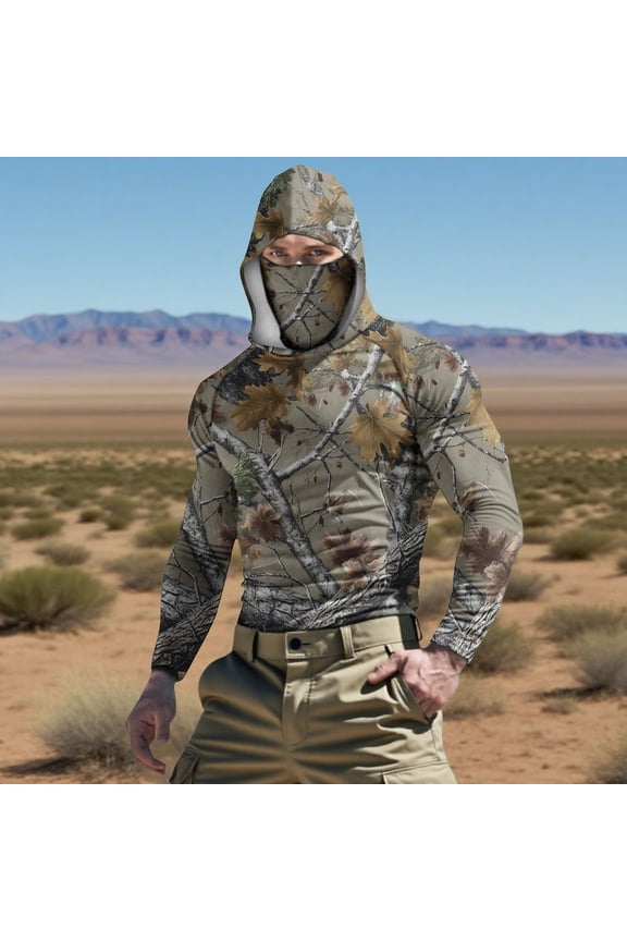 Big and Tall Hoodies for Men Sun Protection Camouflage Pullover Ice Silk Athletic Tops Long Sleeve Hooded Outdoor with Face Mask Slim Fit Shirts for Men