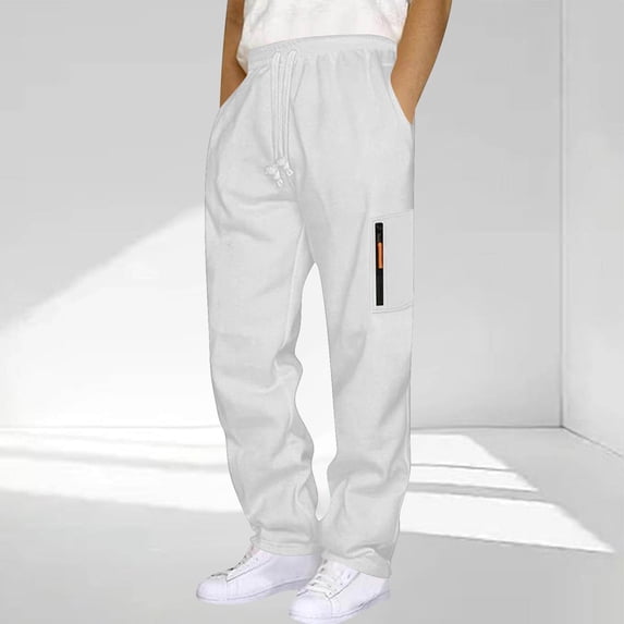 COSFO Big and Tall Sweatpants for Men Open Bottom White Athletic with Zipper Pockets Baggy Straight Leg Pants Elastic Waist Sport Running Loose Fit Drawstring Trousers Mens Sweatpants