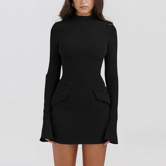 COSFO Black Dresses for Women 2024 Casual Crew Neck Solid Long Sleeve Mini Dress A-Line with Pockets Dress