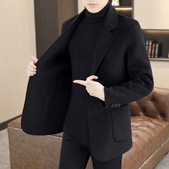 COSFO Black Mens Jackets Work Casual Single Breasted Fleece Suit Jacket with Pockets Long Sleeve Slim Fit Warm Collar Men's Winter Coats