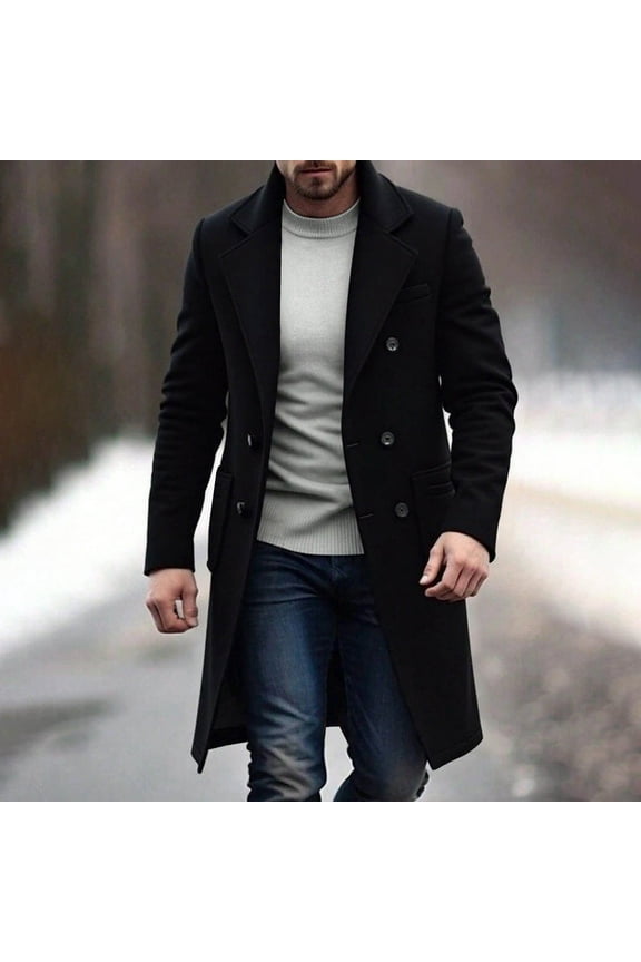 Black Winter Coats for Men Double Breasted Outerwear Long Sleeve Fashion Loose Fit Collar Mens Jackets
