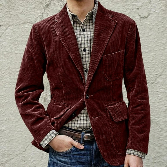 COSFO Blazer Men Jacket Corduroy Solid Red Casual Coat Slim Lapel Collar Vintage Single Breasted with Pocket Outerwear Jackets