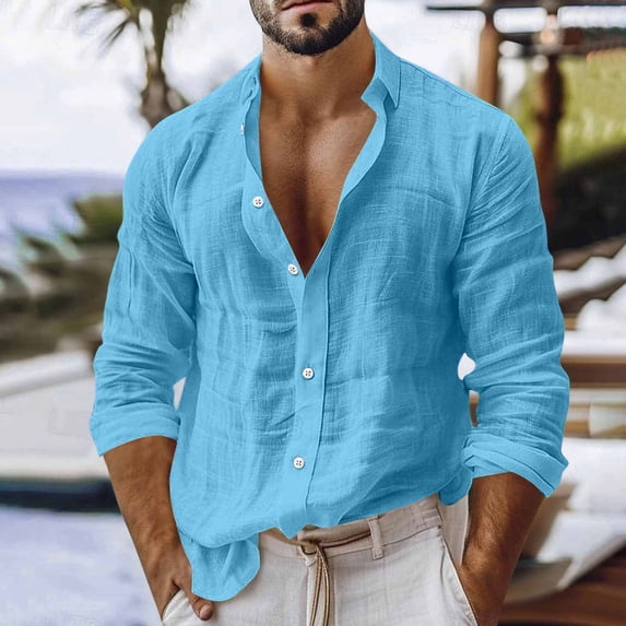 COSFO Blue Button Down Shirt Men Beach Faux Cotton Linen Long Sleeve Shirts Casual Loose Fit Vacation Collared Men Shirts