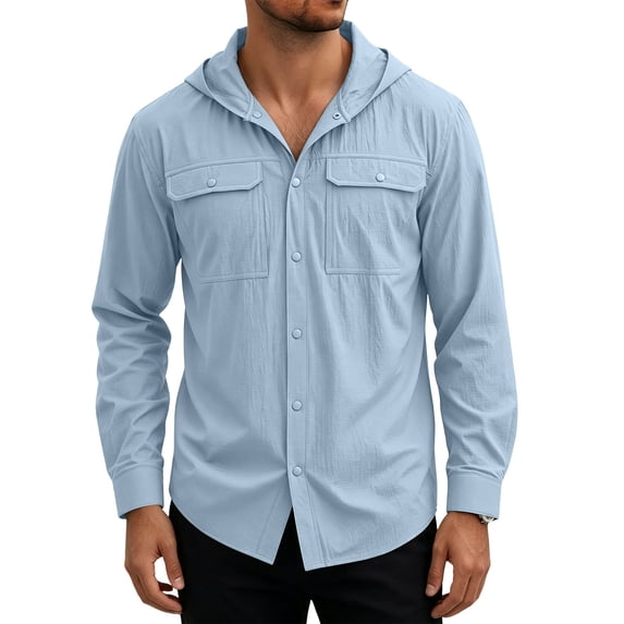COSFO Blue Button Up Shirts for Men Fishing Sun Protection Long Sleeve Shirts with Pocket Hooded Dry Fit Loose Fit Shirts for Men