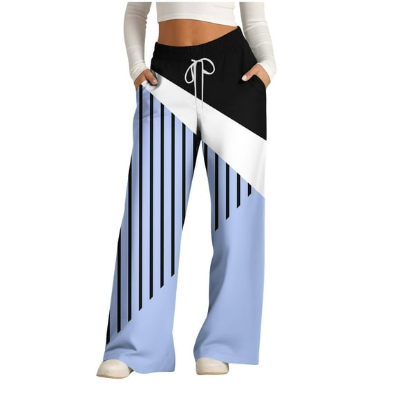 COSFO Blue Fall Pants for Women 2024 Palazzo Casual High Elastic Waisted Striped Wide Leg Pants Drawstring Adjustable Width Loose Pants