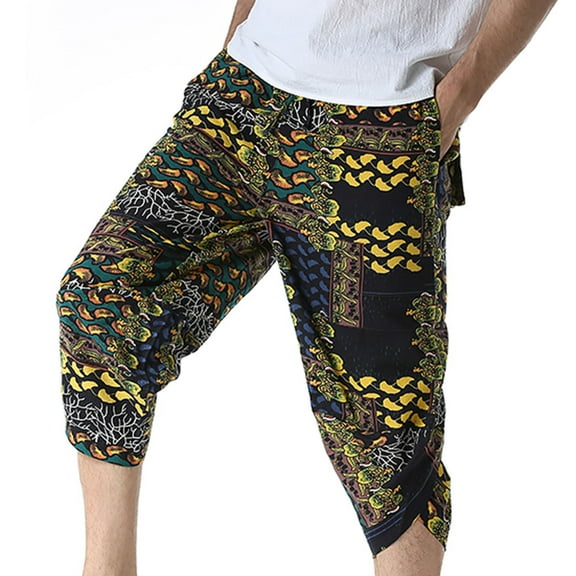 COSFO Blue Haram Pants Mens Cropped 7/8th Joggers Casual Pull-On Comfort Waist Floral Casual Pants for Men