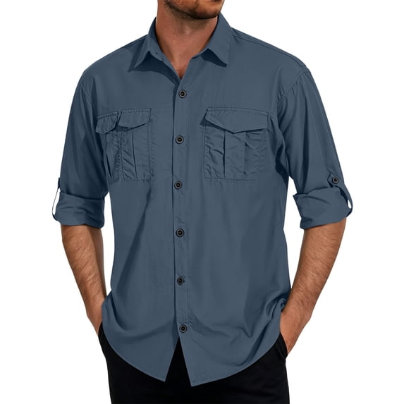 COSFO Blue Men Button Down Shirt Long Sleeve Dry Fit Fishing Shirts Collared Sun Protection with Pocket Loose Fit Men's Shirts