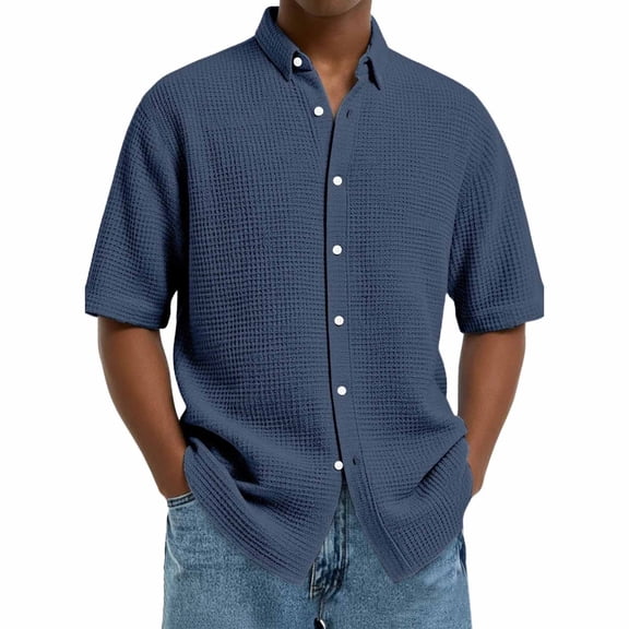 COSFO Blue Men Button Down Shirt Waffle Knit Short Sleeve Tops Collared Regular Fit Mens Shirts