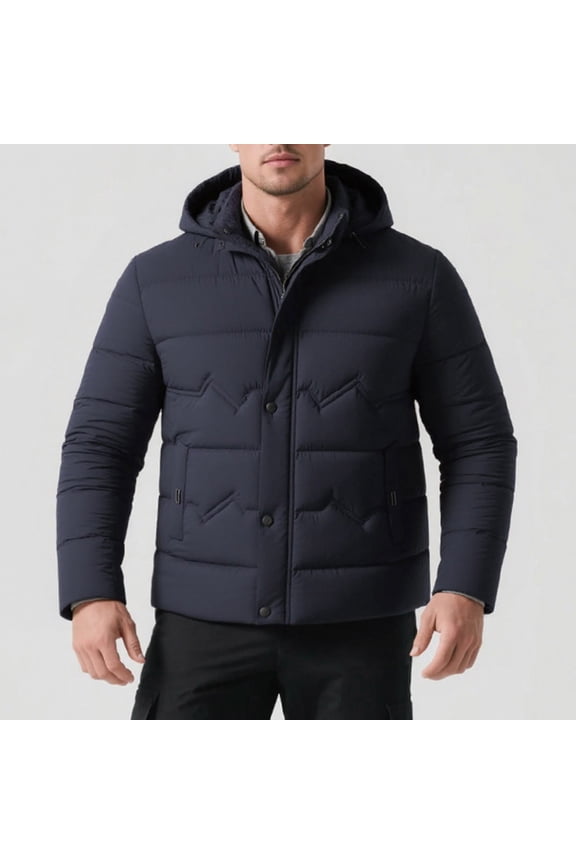 Blue Men Puffer Jacket Removable Hood Full Zip Casual Windbreaker Cotton Long Sleeve with Pockets Loose Fit Mens Coats