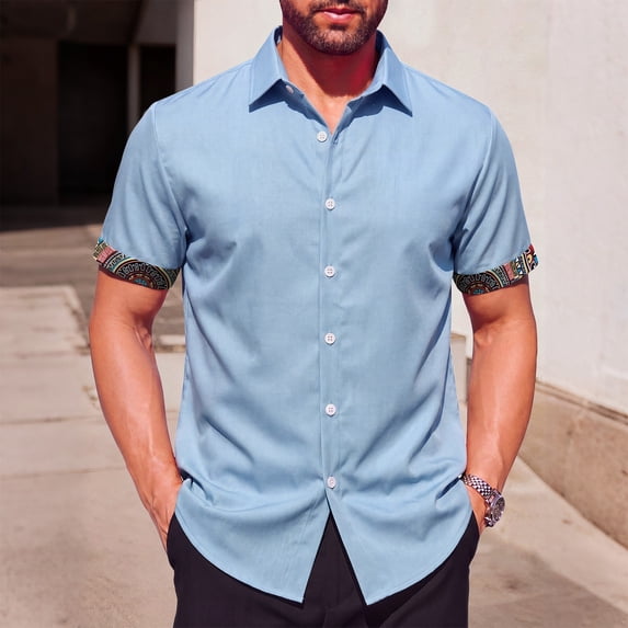 COSFO Blue Mens Button Down Shirt Casual Beach Short Sleeve Shirt Summer Collared Relaxed Fit Mens Shirts L