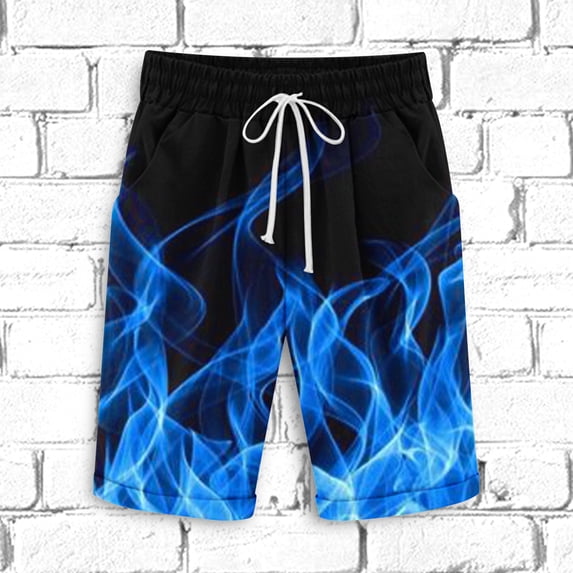 COSFO Blue Mens Shorts Elastic Waist Drawstring Flame Board Casual Shorts Loose Workout Beach Shorts