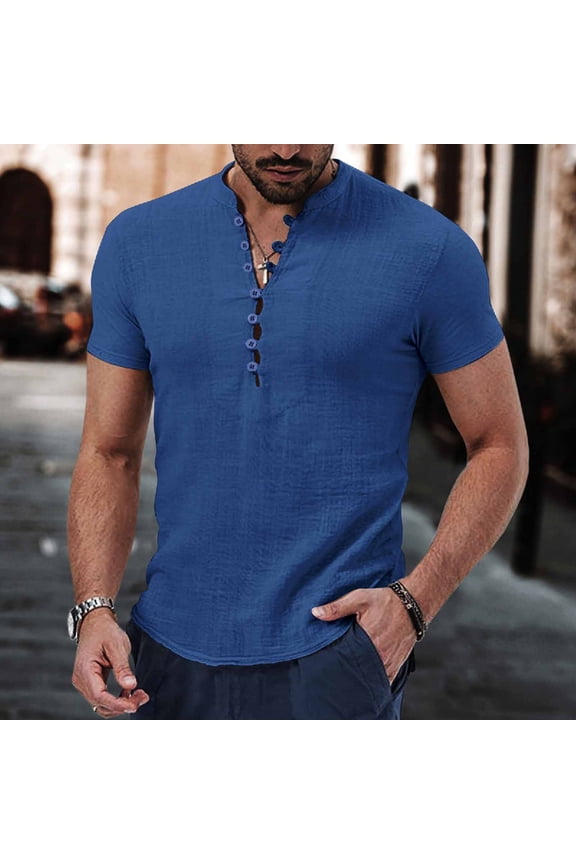 Blue Mens Tshirts Cotton Linen Mock Neck Summer Short Sleeve Basic Tops Button Classic Fit Pullover Mens Classic T-Shirt