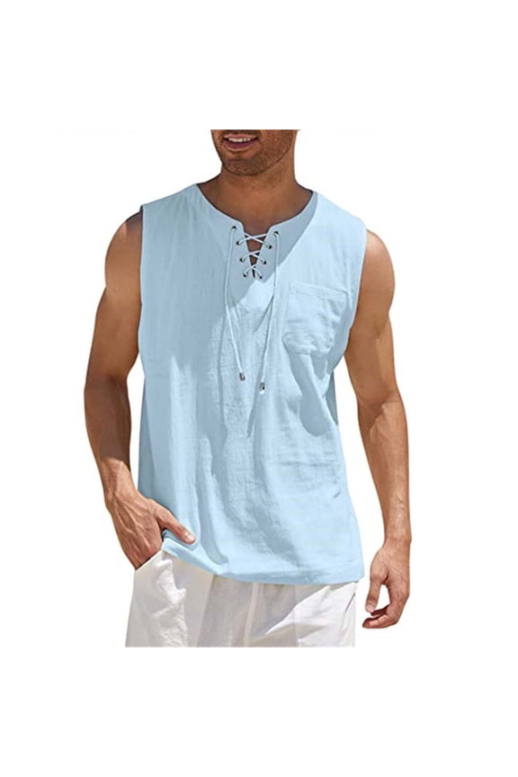 Blue Muscle Tank Tops for Men Cotton Linen Casual Shirts with Pocket Sleeveless Summer Loose V Neck Tank Tops