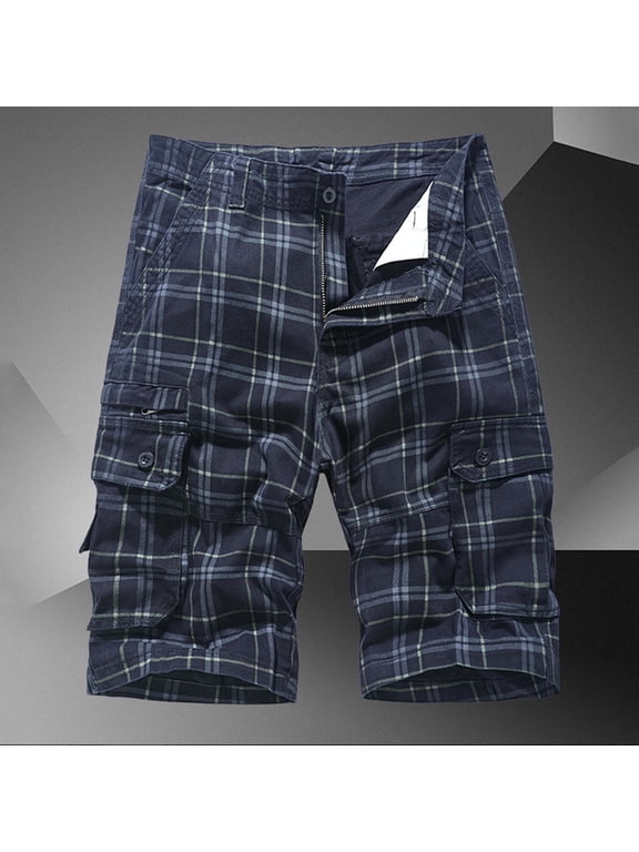 Blue Shorts Men Cargo Casual Plaid Multi Pocket Shorts Zipper Comfort Waist Button Shorts