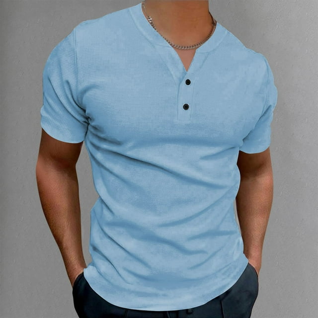 COSFO Blue T Shirts for Men Casual V-Neck Short Sleeve Solid Tops Pullover Slim Classic Tee