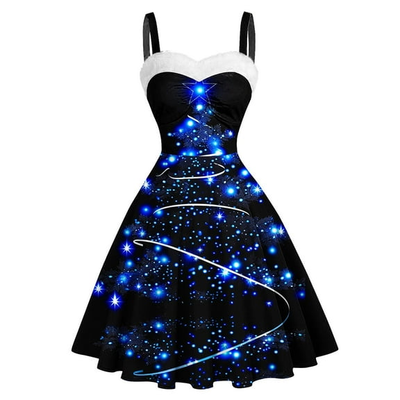 COSFO Blue Women Dresses Casual Sleeveless V-Neck Christmas Midi Dresses Spaghetti Straps Flowy A-Line Dresses