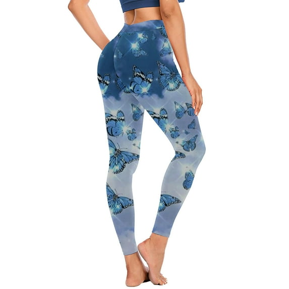COSFO Blue Women Pants Yoga Tapered Workout Butterfly Legging Spants Athleisure Breathable High Elastic Waisted Full Length Pants