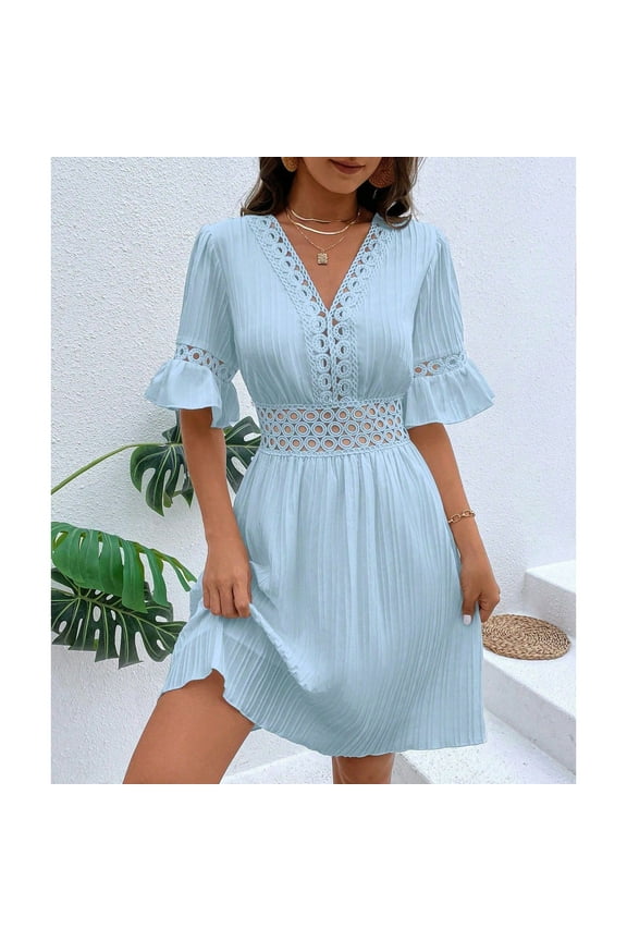 Blue Womens Summer Dresses Short Sleeve Solid Casual V-Neck Mini Dresses Waisted Lace A-Line Loose Fit Dresses