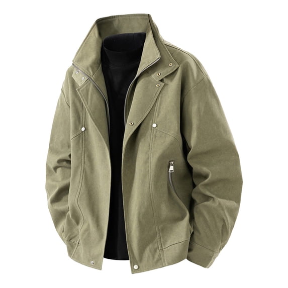 COSFO Bomber Jacket for Men Green Zip Up Winter Outwear Loose Fit with Pockets Collar Button Long Sleeve Mens Sport Coat
