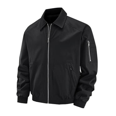 COSFO Bomber Jacket for Men Solid Casual Black Zip Up Heavyweight Jacket Mid-Length Long Sleeve with Zipper Pockets Workwear Slim Hoodless Jackets