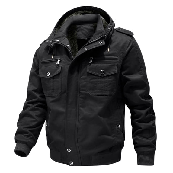 COSFO Bomber Jackets for Men Work Heavyweight Black Solid Coat Multiple Pockets Cargo Hooded Relaxed Fit Zip Up Outerwear Jackets