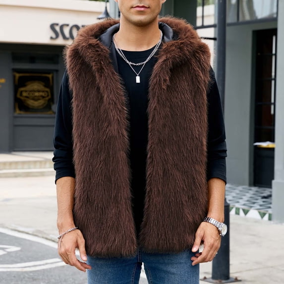 COSFO Brown Mens Vests Casual Faux Fur Warm Hooded Outerwear Sleeveless Open Front Loose Fit Mens Jackets