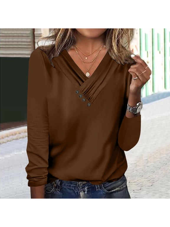 Brown T Shirts for Women Long Sleeve V-Neck Top Solid T-Shirts Womens Work Tops
