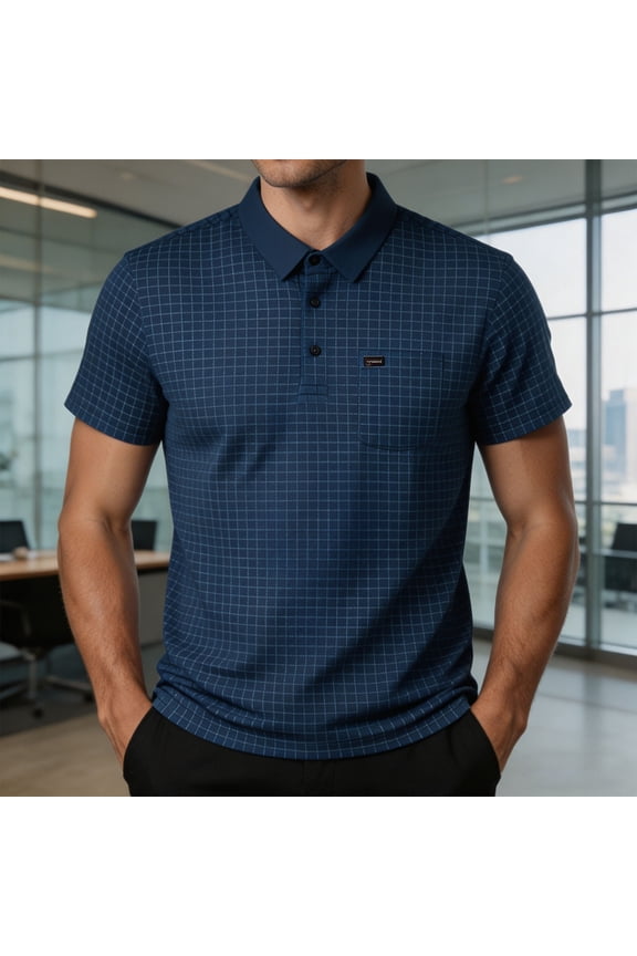 Business Polo Shirts for Men Big And Tall Casual Plaid Short Sleeve Shirt with Pocket Work Collared Loose Fit Pullover Tops