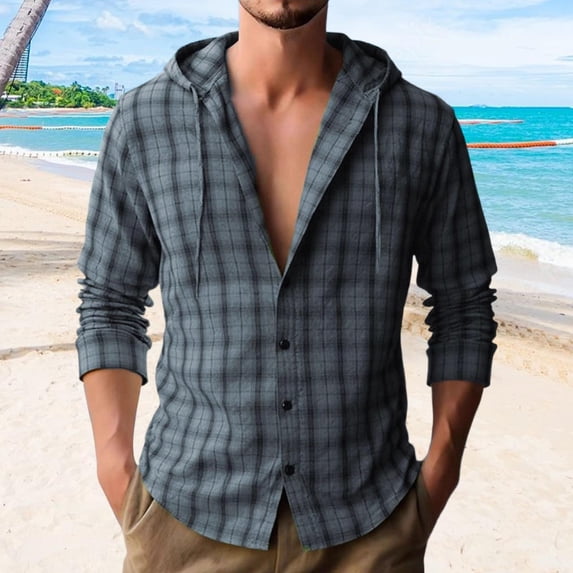 COSFO Button Down Hoodies Men Plaid Hooded Casual Tops Loose Drawstring Long Sleeve Mens Shirts