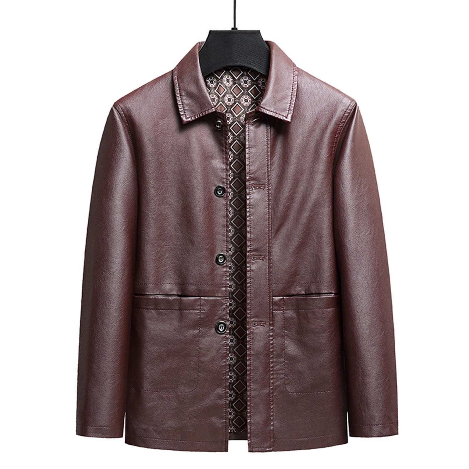 COSFO Button Down Jackets for Men Winter Solid Faux Leather Jacket Long Sleeve Casual with Pockets Loose Business Mens Coats