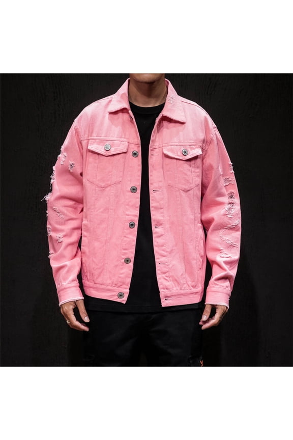 Button Down Men Jean Jacket Coat Pink Denim Solid Casual Coat Loose with Pocket Collared Ripped Long Sleeve Jackets