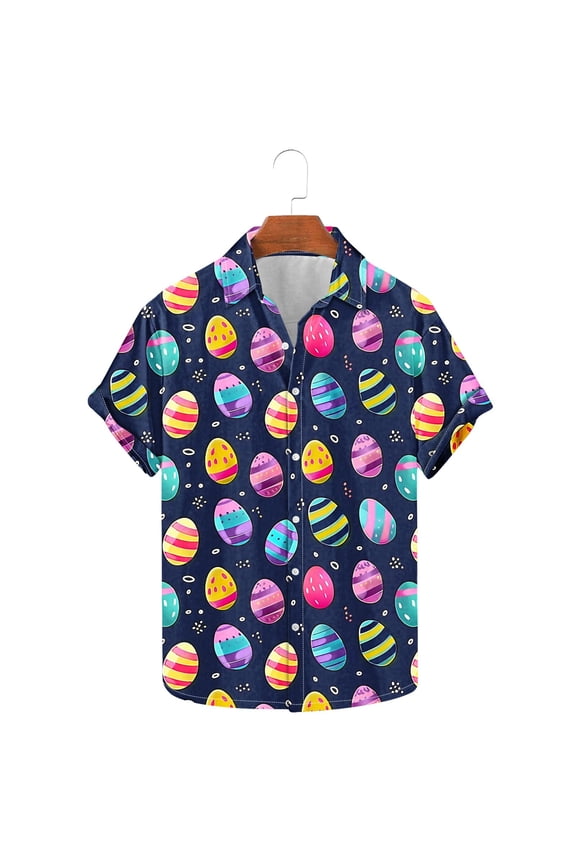 Button Down Men Shirts Easter Eggs Casual Collared Short Sleeve Tops Loose Shirts