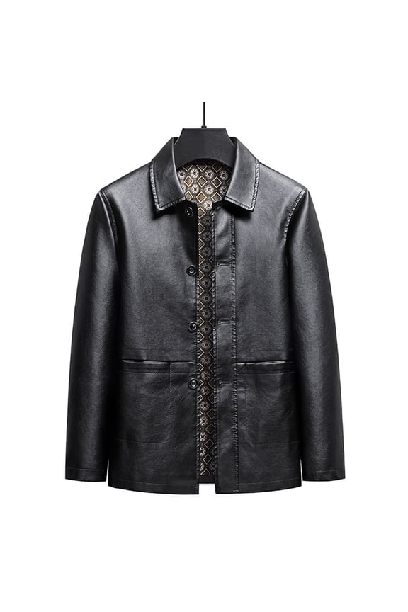 Button Down Mens Jacket Faux Leather Winter Solid Jacket with Pockets Casual Long Sleeve Business Loose Mens Coats
