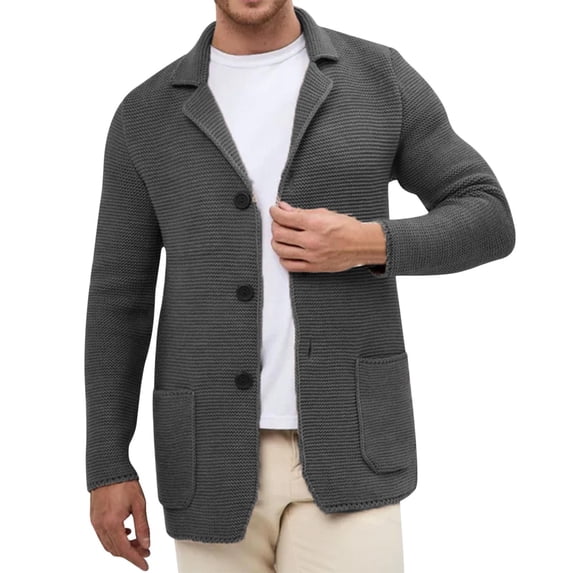 COSFO Button Down Mens Winter Jacket Gray Fall Knit Sweater Collar Long Sleeve with Pockets Loose Fit Mens Sport Coat
