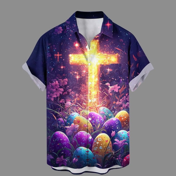 COSFO Button Down Shirt Men Cross Easter Short Sleeve Tops with Pocket Collared Loose Fit Funny Men's Shirts