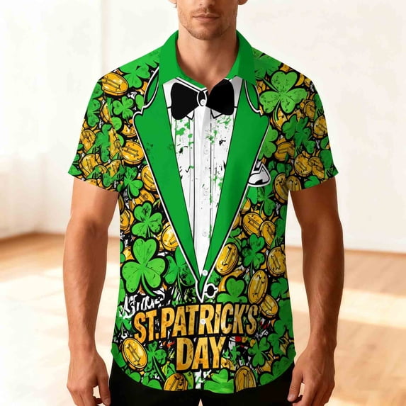 COSFO Button Down Shirt Men St Patricks Day Short Sleeve Funny Tops Graphic Loose Fit Collared Mens Shirts